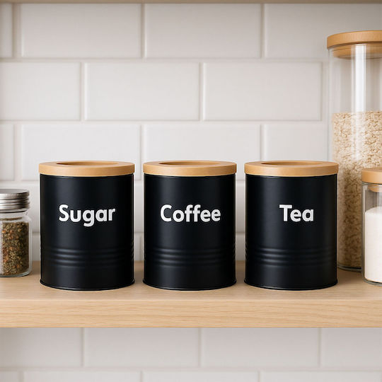 Relaxdays Set of 3 Jars for Coffee Tea Sugar with Wooden Black Lid 1000ml 3 Pieces