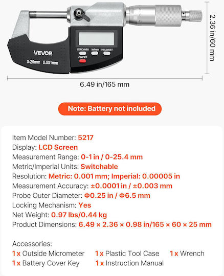 Vevor Digital Micrometer 0-25mm