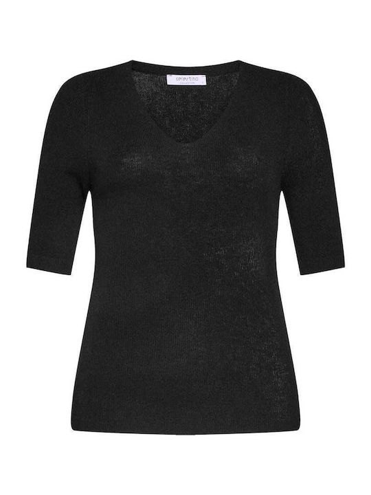 Celestino Women's Short Sleeve Knitted Slim Fit Black Blouse