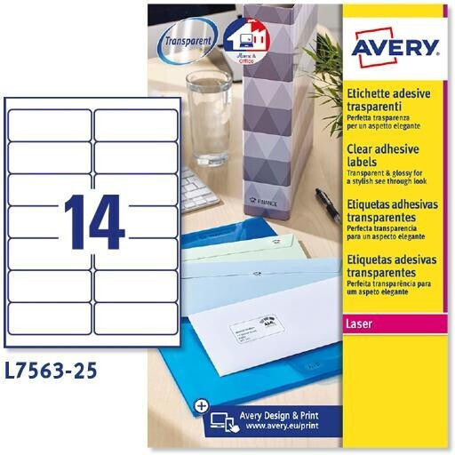 Avery Zweckform Transparent Inkjet Self-Adhesive A4 Labels 99.1x38.1mm 25 Sheets L7563-25