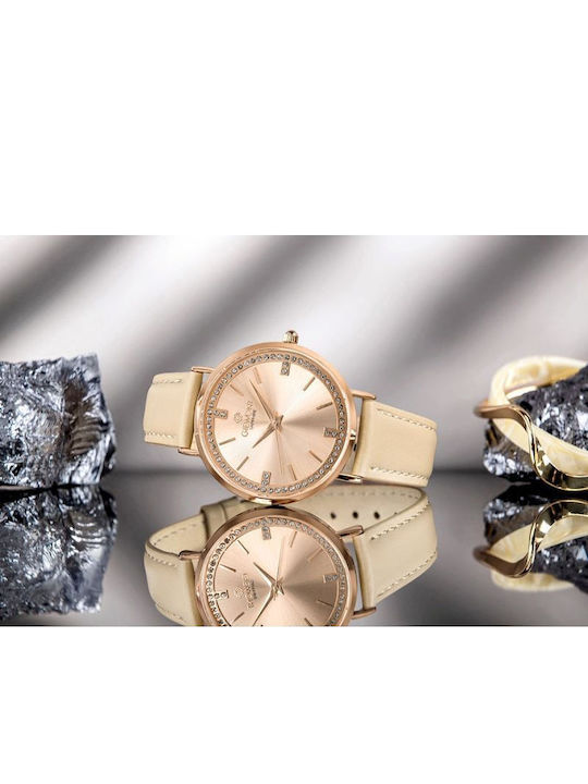 Giewont Womens Battery Watch With Pink Gold Leather Strap