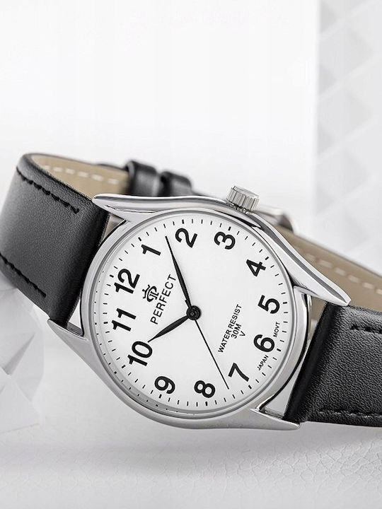 Perfect Γυναικείο Ρολόι 34mm Μπαταρίας με Μαύρο Δερμάτινο Λουράκι