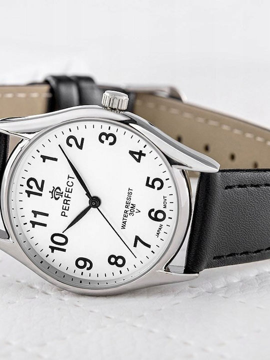 Perfect Γυναικείο Ρολόι 34mm Μπαταρίας με Μαύρο Δερμάτινο Λουράκι