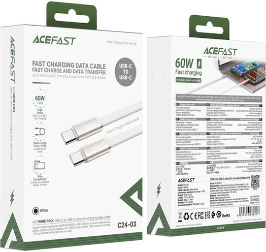 Acefast Flat / Braided USB 2.0 Cable USB-C Male - USB-C 60W White 1.2m