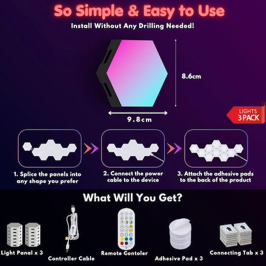 Qova Smart Lămpi Decorative Pentru Masă LED RGBIC Hexagon 3 Buc