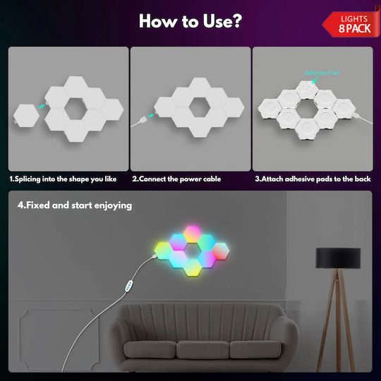 Qova Smart Dekoratives Tischlampen LED RGBIC Sechseck 8τμχ