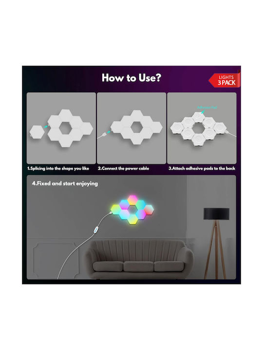 Qova Smart Διακοσμητικό Φωτιστικό LED RGBIC Hexagon 3τμχ