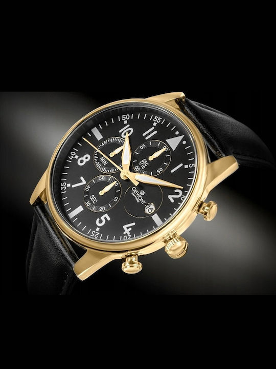 Men's Watch 22mm Chronograph Battery with Black Leather Strap