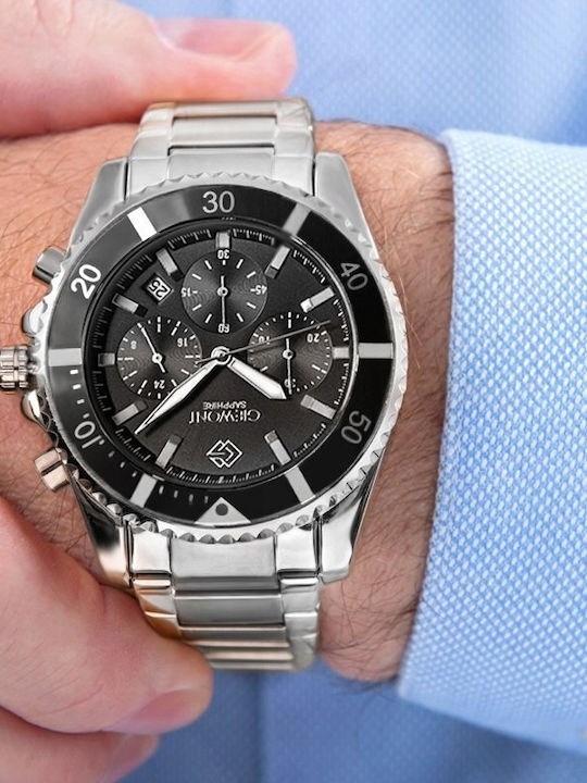 Giewont Herrenuhr 43mm Chronograph Batterie mit Silber Metall-Armband