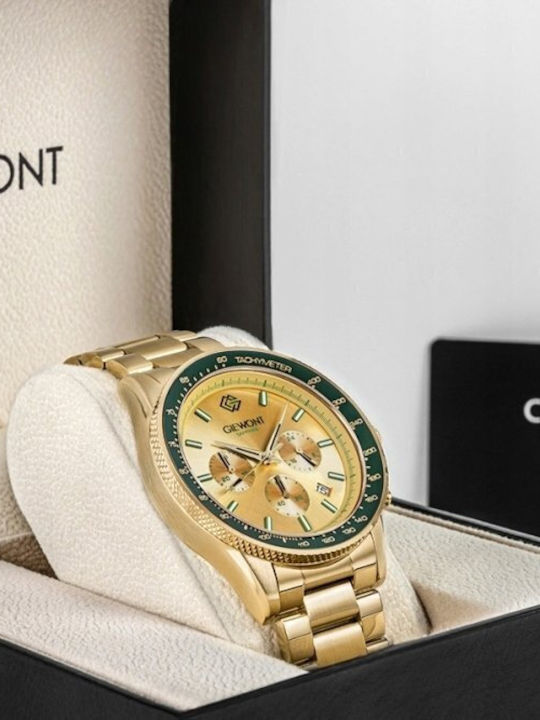 Giewont Herrenuhr 44mm Chronograph Batterie mit Gold Metall-Armband