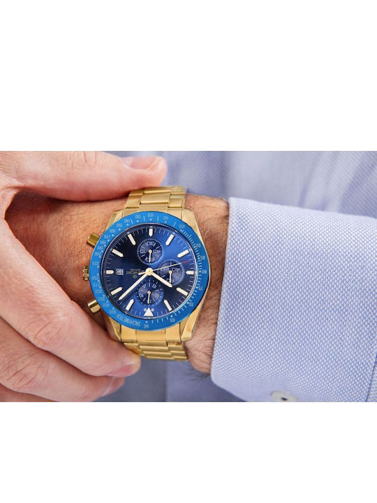 Giewont Herrenuhr 44mm Chronograph Batterie mit Gold Metall-Armband