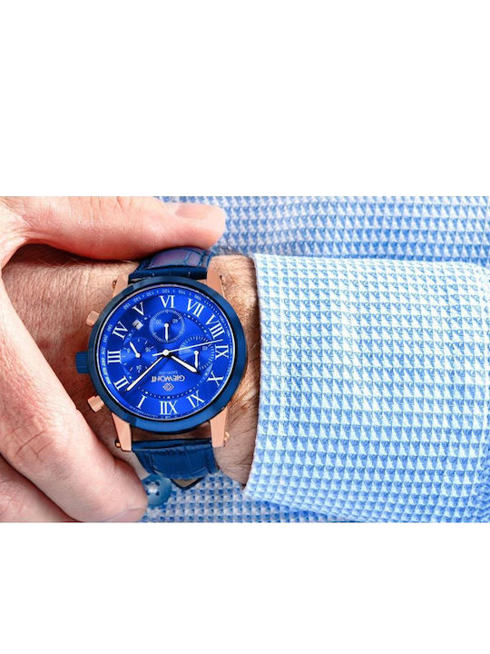 Giewont Herrenuhr 42mm Chronograph Batterie mit Blauem Lederriemen