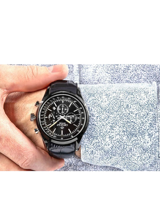 Giewont Herrenuhr 47mm Chronograph Batterie mit Schwarz Lederriemen