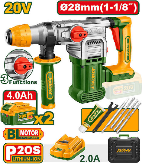 Jadever JDLM1B283 Cordless Rotary Hammer Brushless 20V 2x4Ah with SDS Plus Socket 400782
