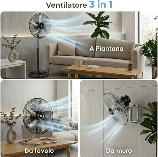 Bakaji Vielseitiger Ventilator 60W Lüfterdurchmesser 45cm Silber