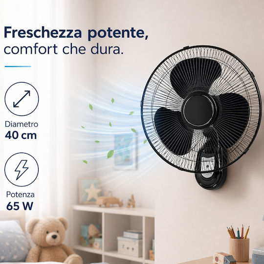 Bakaji Wall Fan 65W 40cm Diameter with Remote Control Black