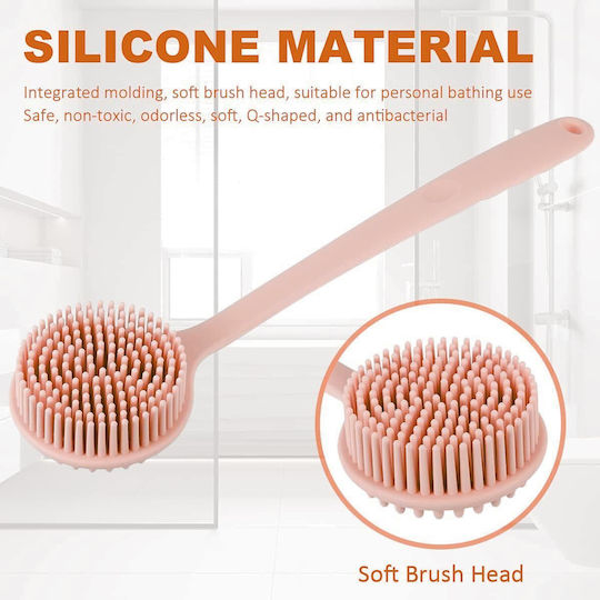 Double-Sided Silicone Bath Brush with Long Pink Handle