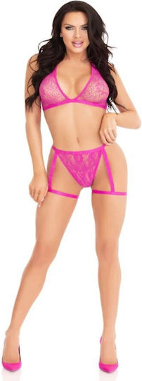 Leg Avenue 86148 Lace Bra Top Panty Garters Pink One Size