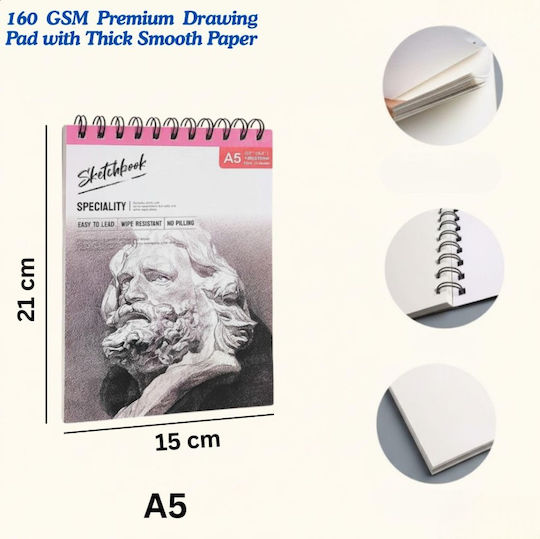 Roza Sketchbook A5 160gsm Σπιράλ Μπλοκ Σχεδίου 48 Σελίδες Μολύβι & Μαρκαδόρους