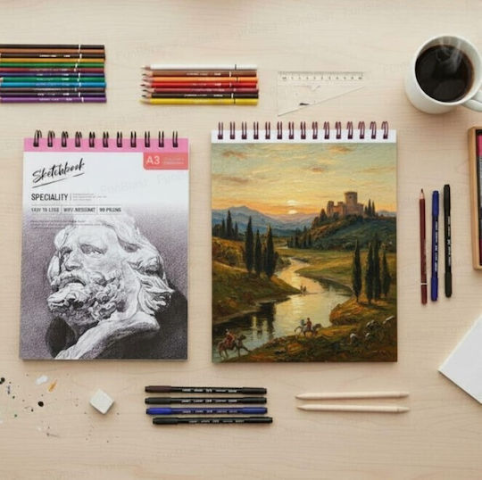 Roza Sketchbook A3 160gsm Σπιράλ Μπλοκ Σχεδίου 48 Σελίδες Μολύβι & Μαρκαδόρους
