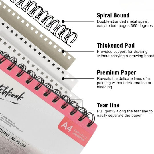 Roza Sketchbook A4 160gsm Σπιράλ Μπλοκ Σχεδίου 48 Σελίδες Μολύβι & Μαρκαδόρους