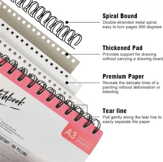 Roza Sketchbook A3 160gsm Σπιράλ Μπλοκ Σχεδίου 48 Σελίδες Μολύβι & Μαρκαδόρους
