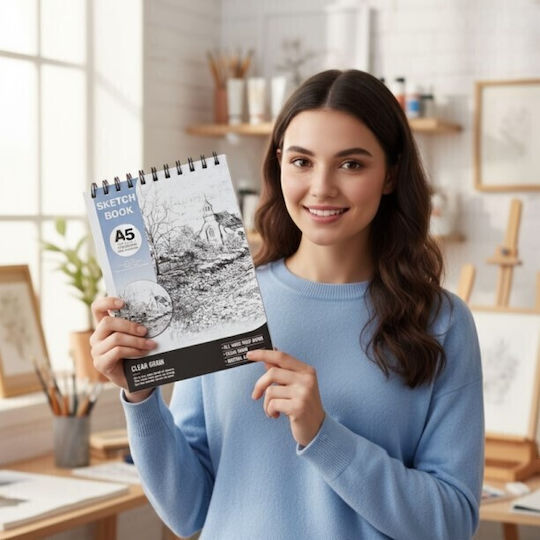Roza Sketchbook A5 160gsm Σπιράλ Μπλοκ Σχεδίου 48 Σελίδες Μολύβι & Μαρκαδόρους Μπλε