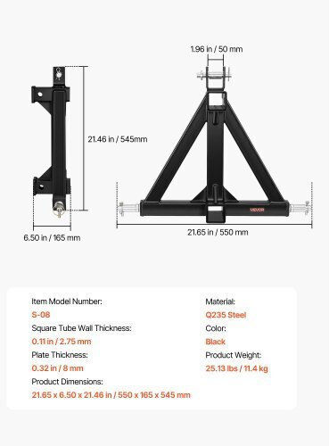 Vevor 3 Point Trailer Hitch 50.8 Mm Receiver 3 Pt Quick Hitch Attachment Tractor Tow Drawbar Adapter Compatible Category 1 Kubota Mahindra Ford Yanmar John Deere Massey Ferguson