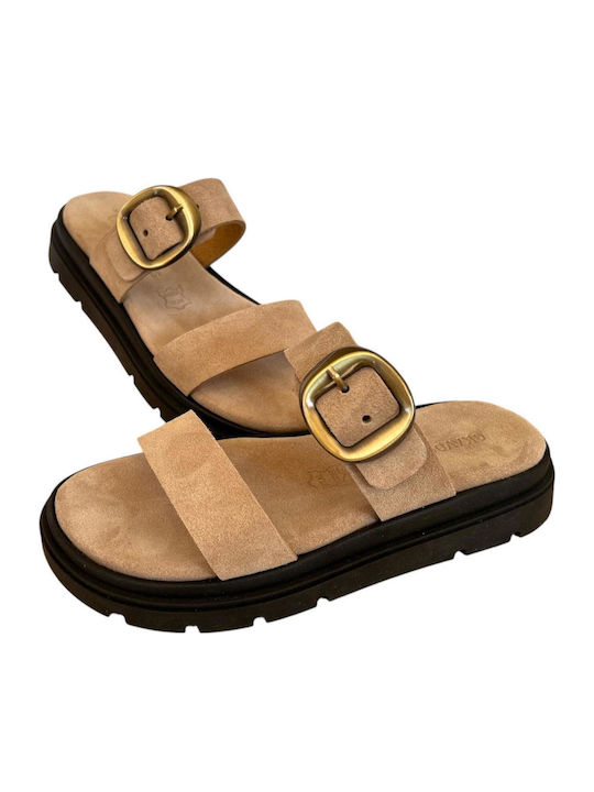 Leather Women's Flat Sandals Flatforms Beige