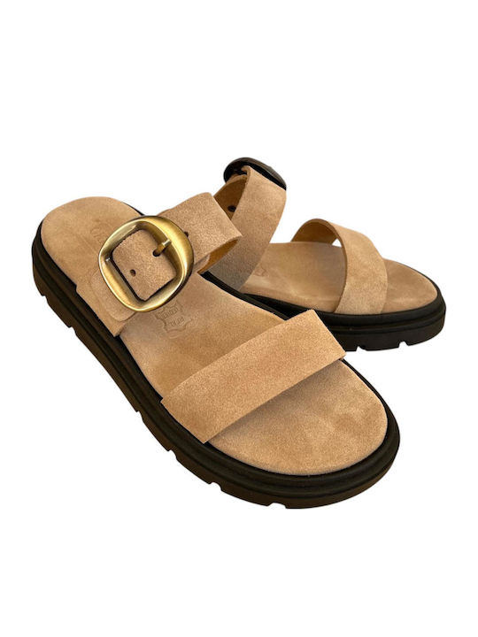 Leather Women's Flat Sandals Flatforms Beige