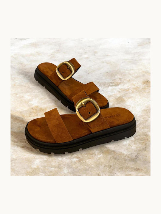 Leather Women's Flat Sandals Flatforms Brown