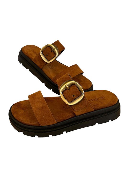 Leather Women's Flat Sandals Flatforms Brown