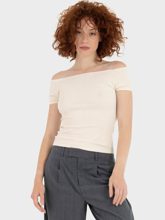 Damen Bluse Baumwolle Schulterfrei Off-White