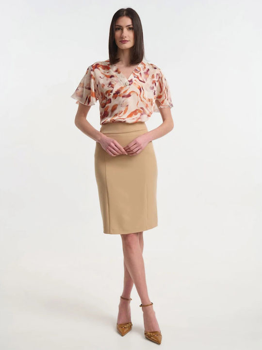 Women's Satin Short Sleeve Brown Blouse