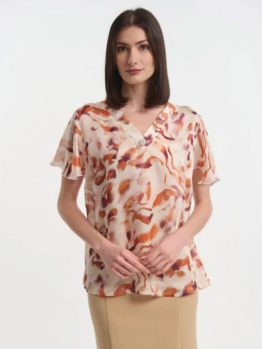 Women's Satin Short Sleeve Brown Blouse