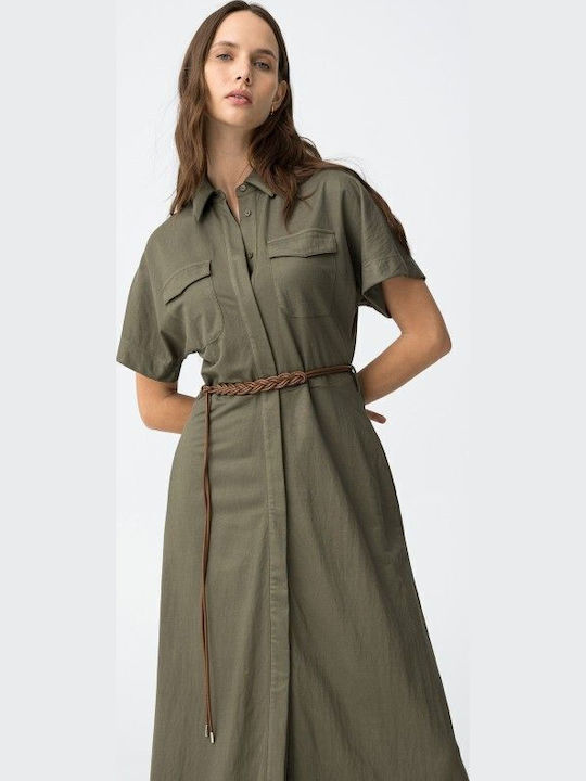 Summer Midi Seersucker Dress Khaki