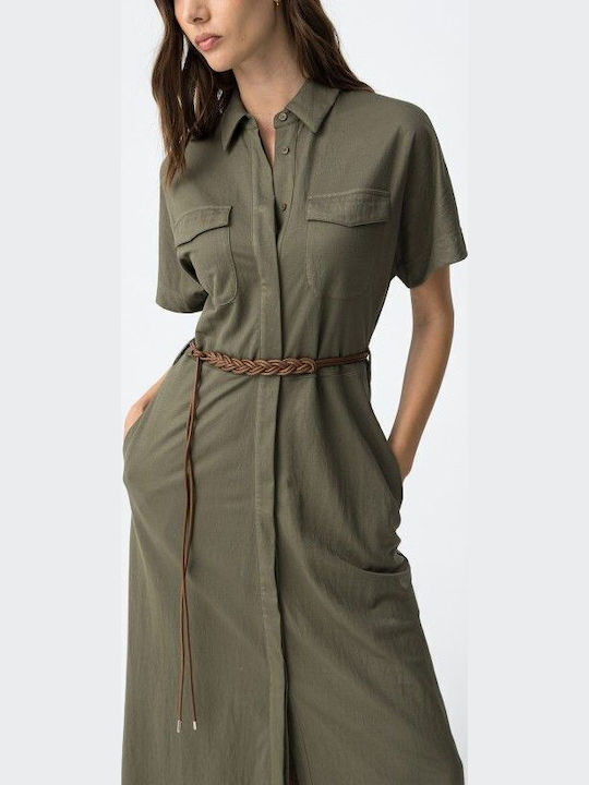 Summer Midi Seersucker Dress Khaki