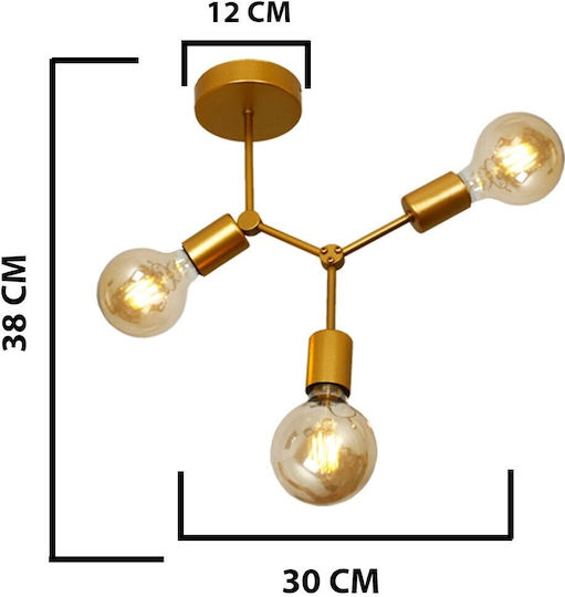 Stewehome Gold Ceiling Light 3 E27 Bulbs 30x38x12cm