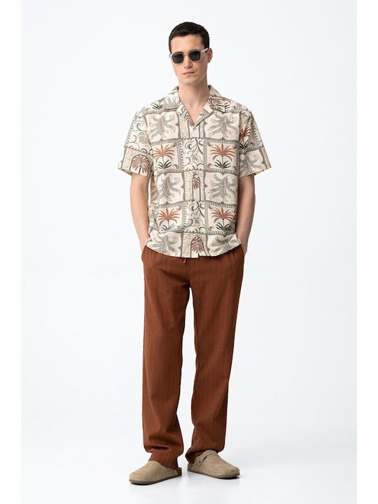 Tiffosi Short Sleeve Linen Shirt in Regular Fit Beige