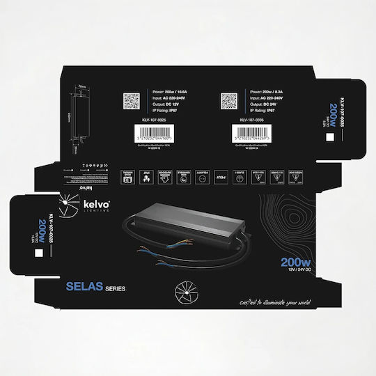 kelvo Adjustable LED Power Supply Waterproof IP67 Power 200W with Output Voltage 12V