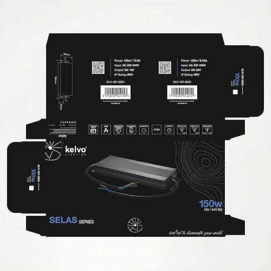 kelvo Adjustable LED Power Supply Waterproof IP67 Power 150W with Output Voltage 12V