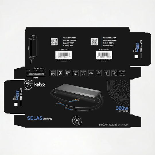 kelvo Adjustable LED Power Supply Waterproof IP67 Power 360W with Output Voltage 24V