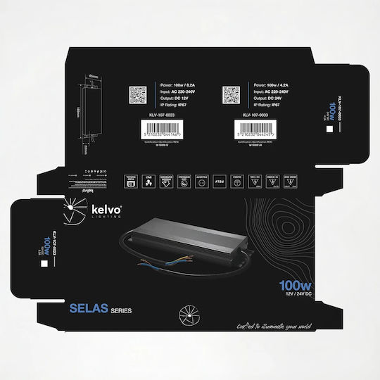 kelvo Adjustable Waterproof LED Power Supply IP67 Power 100W with Output Voltage 12V