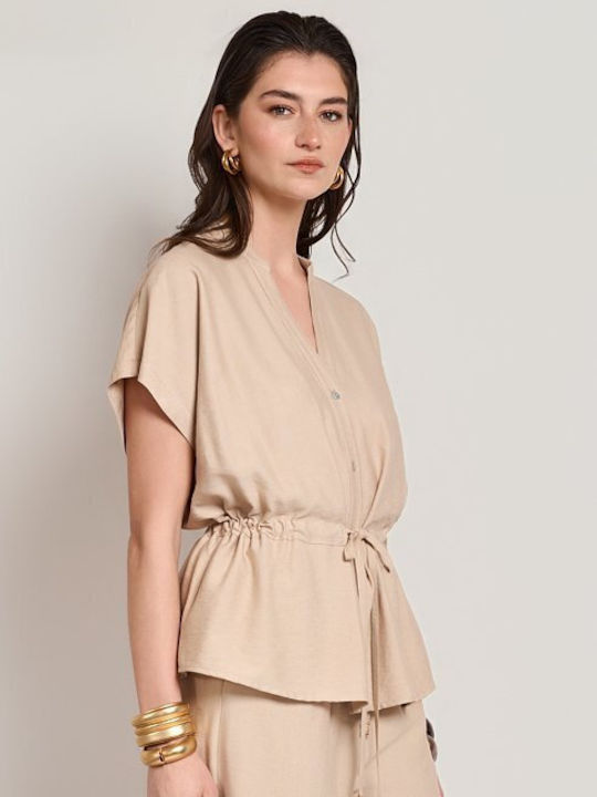 Women's Beige Set with High Rise Trousers with Rubber Band in Loose Fit