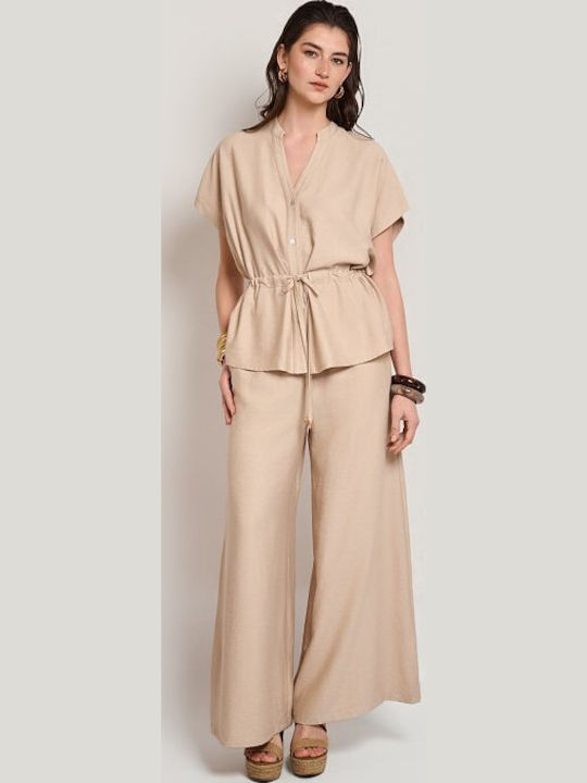 Women's Beige Set with High Rise Trousers with Rubber Band in Loose Fit