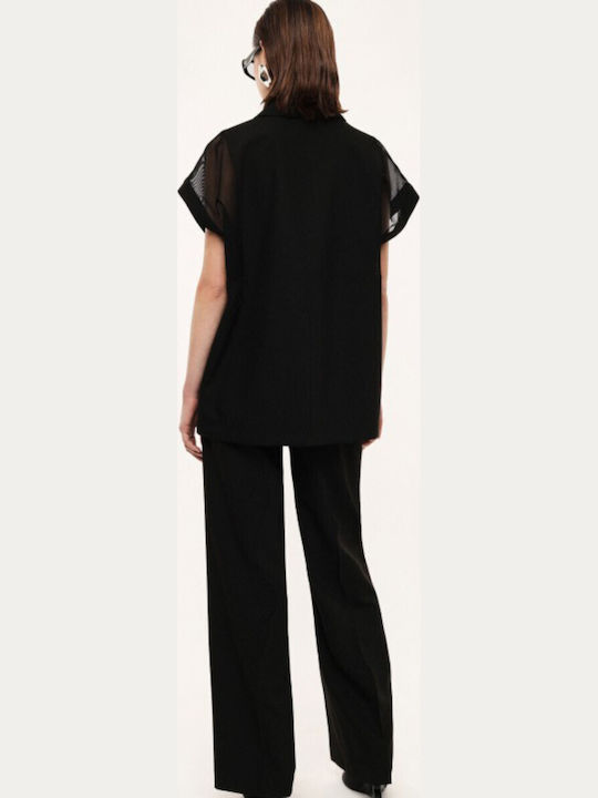 Women's High Rise Fabric Trousers in Straight Leg Black