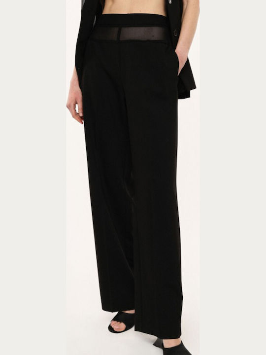 Women's High Rise Fabric Trousers in Straight Leg Black