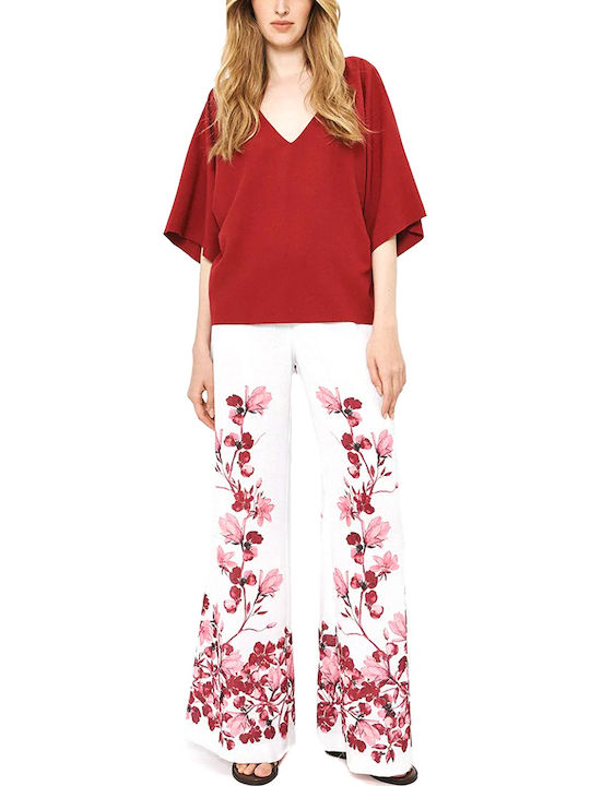 Women's High Rise Pantaloons in Straight Leg Style Floral White-Bordeaux-Pink