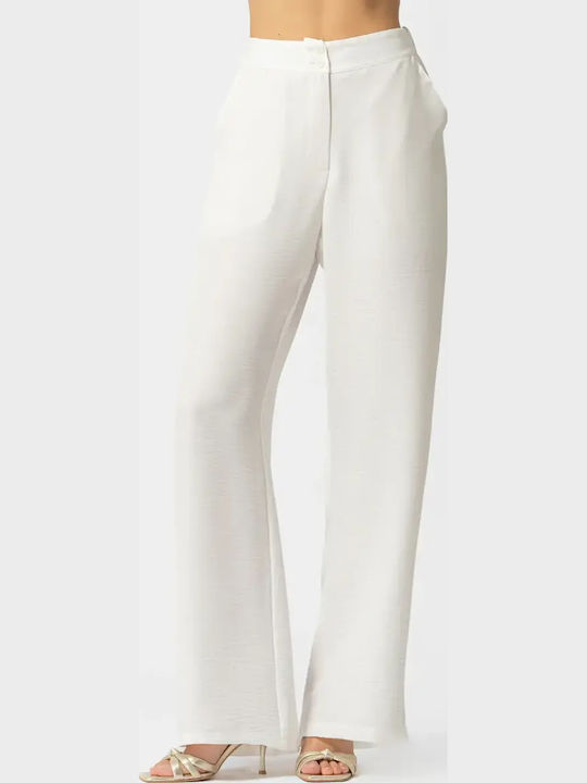 Women's High Rise Satin Trousers with Rubber Band in Loose Fit White