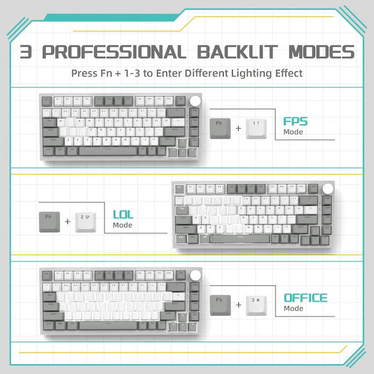 Ajazz AK820 Gaming Tastatură Mecanică 75% cu Taste Iluminate (Engleză SUA) White Light
